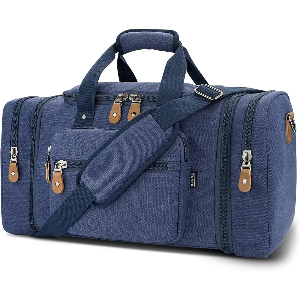 Navy blue duffel bag with 50L capacity and multiple zippered compartments