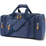 Navy blue duffel bag with 50L capacity and multiple zippered compartments