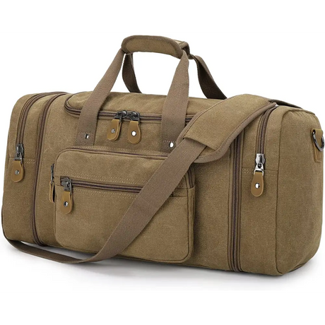 Canvas duffel bag with 50L capacity, adjustable strap, and multiple zippered compartments