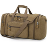 Canvas duffel bag with 50L capacity, adjustable strap, and multiple zippered compartments