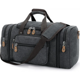 Canvas duffel bag with 50L capacity featuring zippered compartments and adjustable strap