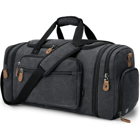 Canvas duffel bag with 50L capacity, multiple zippered compartments, and shoulder strap