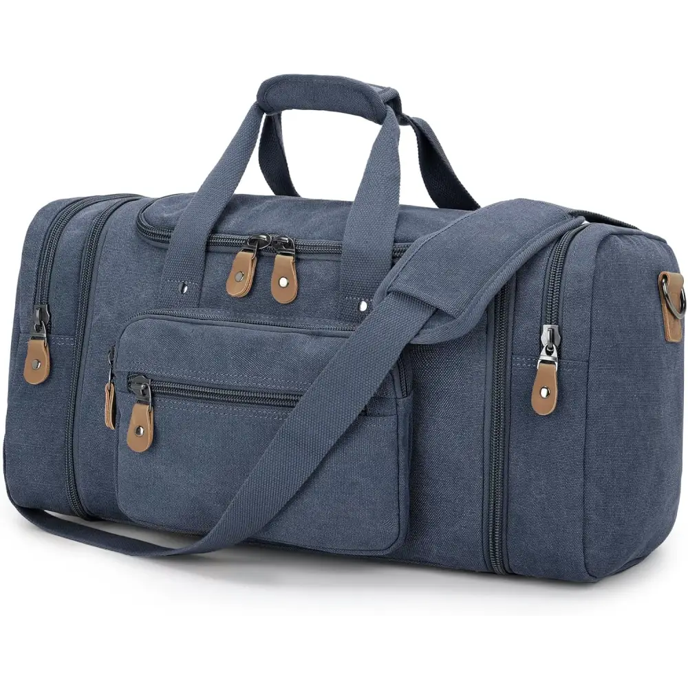 Navy blue duffel bag with leather accents, 50L capacity and multiple compartments