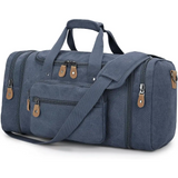 Navy blue duffel bag with leather accents, 50L capacity and multiple compartments