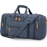 Navy blue duffel bag with leather accents, 50L capacity and multiple compartments