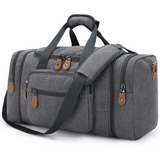 Grey canvas duffel bag with brown leather accents and 50L capacity multiple compartments