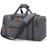 Grey canvas duffel bag with brown leather accents and 50L capacity multiple compartments