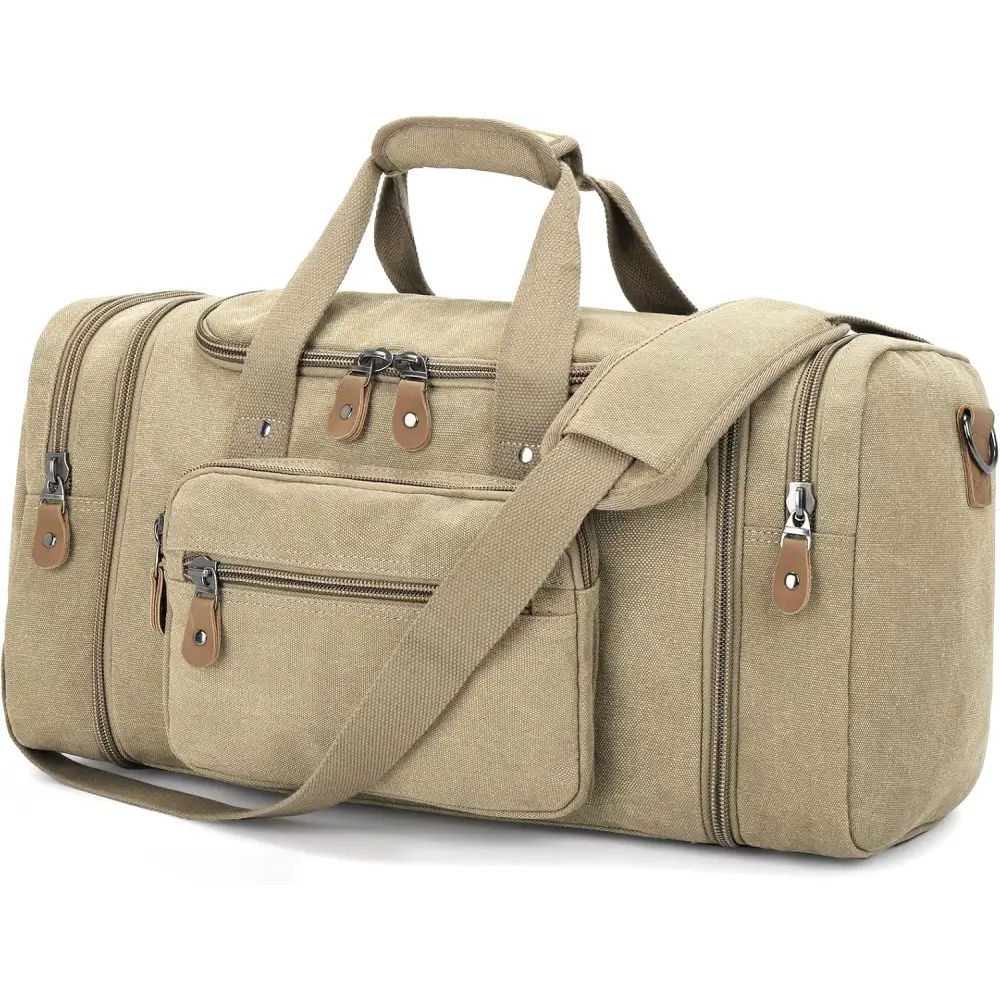 Canvas duffel bag with 50L capacity featuring multiple zippered compartments and strap