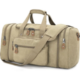 Canvas duffel bag with 50L capacity featuring multiple zippered compartments and strap