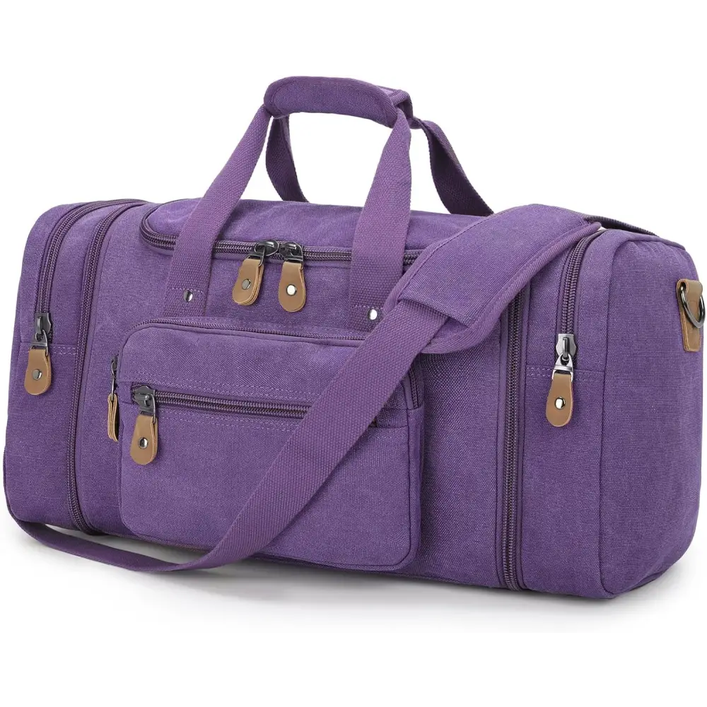 Purple Canvas Duffel Bag with 50L capacity and multiple zippered compartments