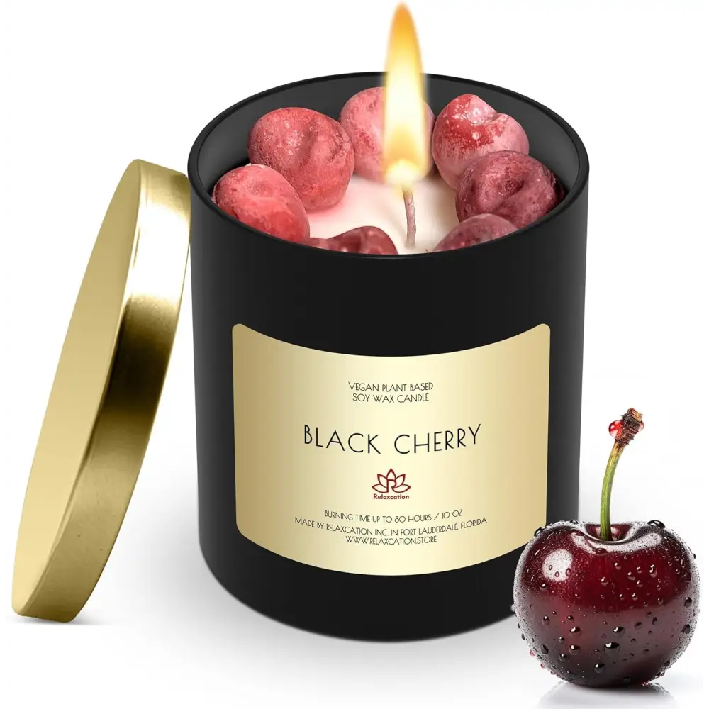 Black Cherry scented soy candle in black container with gold lid and label