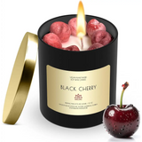 Black Cherry scented soy candle in black container with gold lid and label