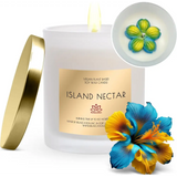 White frosted scented soy candle with gold lid and tropical flowers, Island Nectar scent