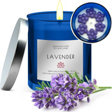 Blue glass jar with lavender-scented soy candle, perfect for diffusers & candles