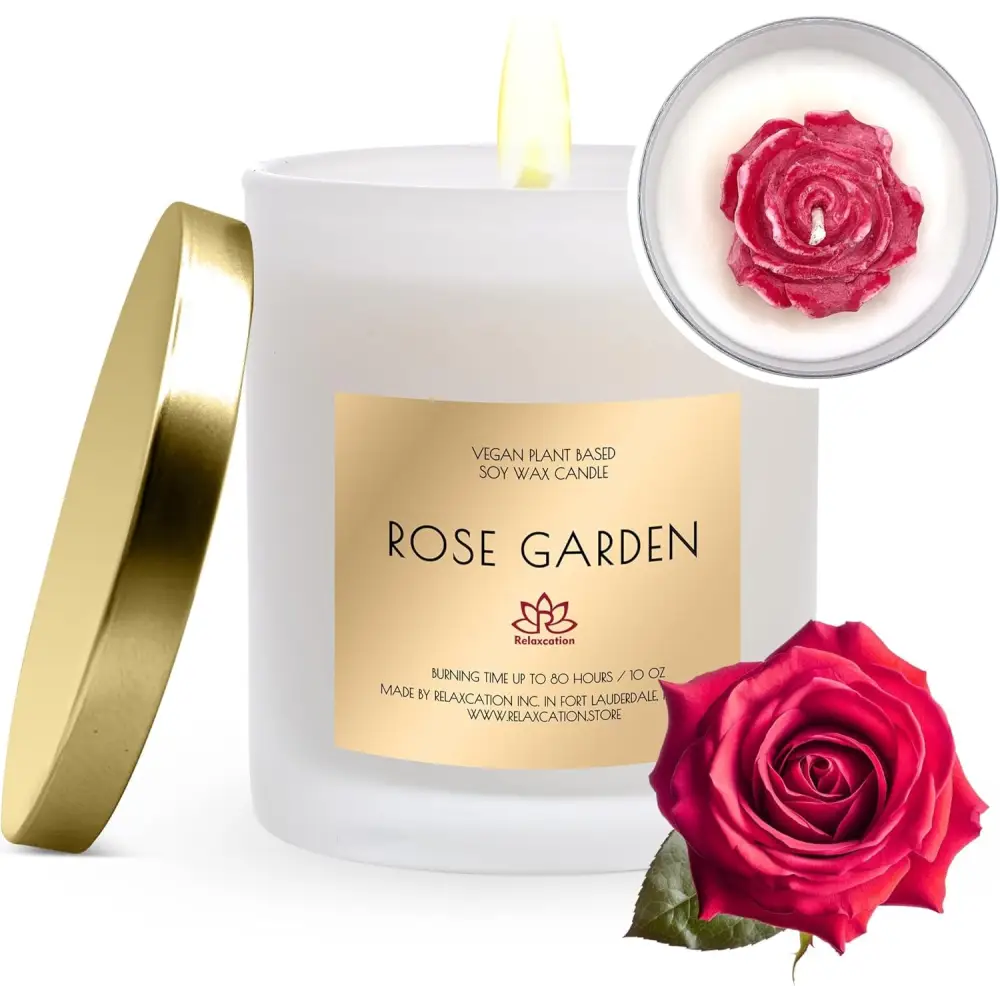 White scented soy candle with gold lid and Rose Garden label in green glass jar