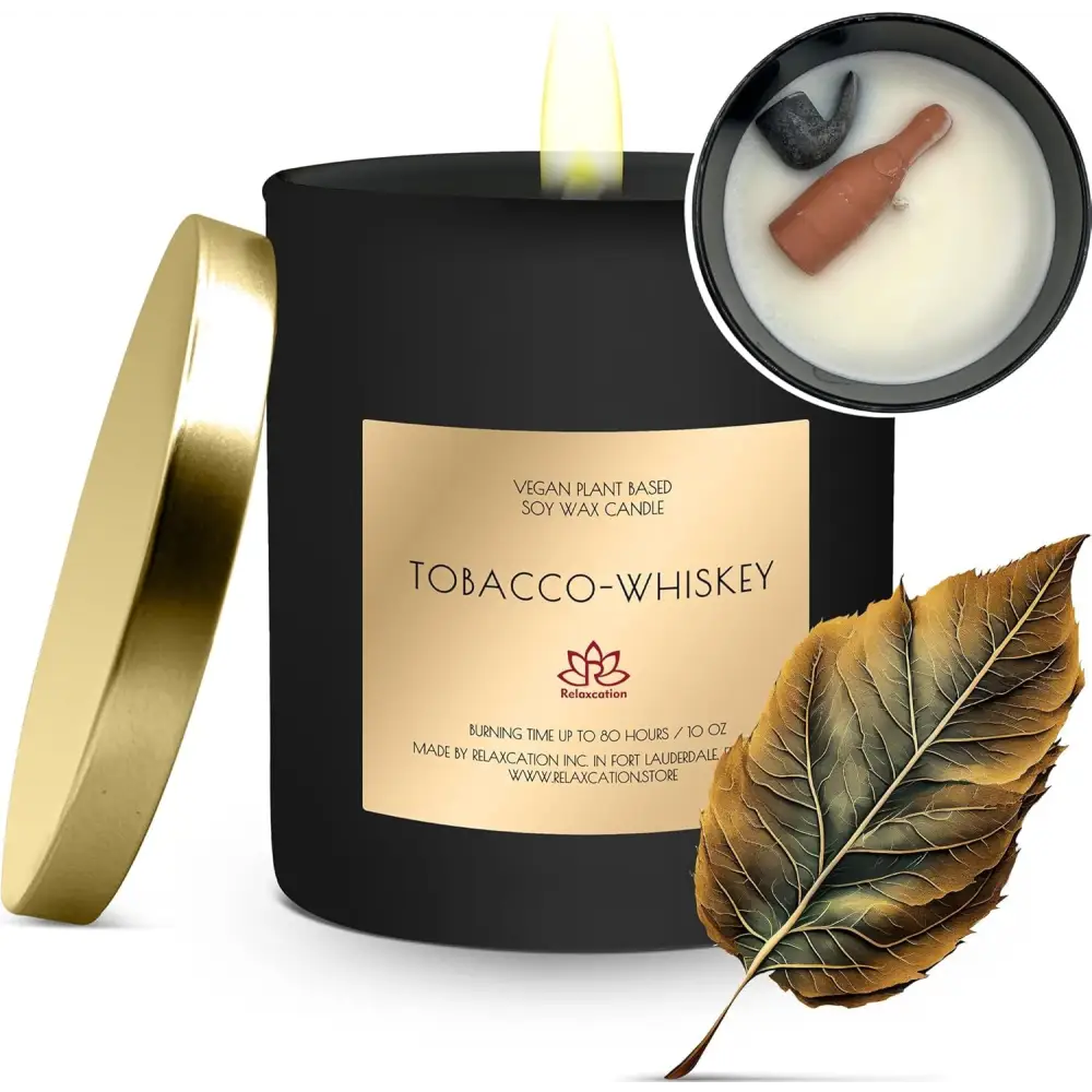 Black candle with gold lid and Tobacco-Whiskey label in Cedar Balsam Scented Soy Candle