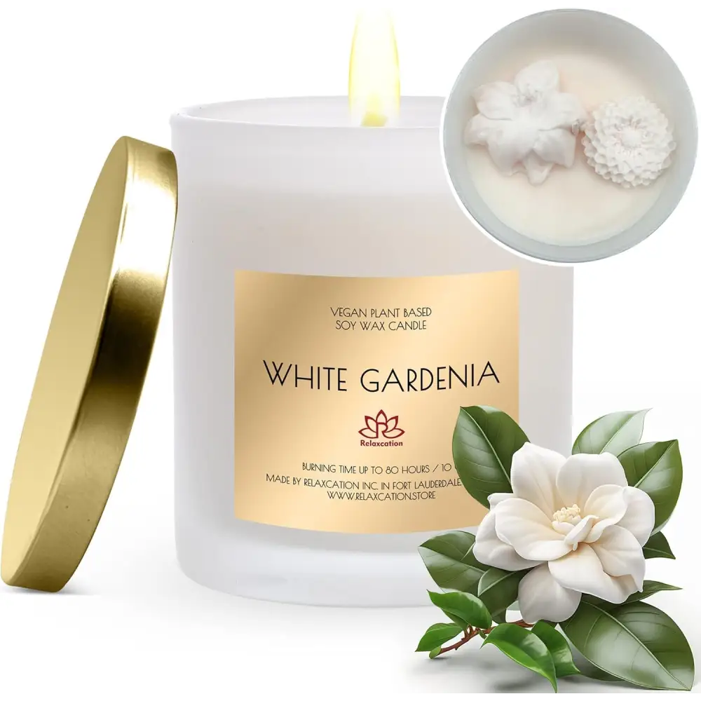 White soy candle in gold lid jar with White Gardenia label for diffusers & candles