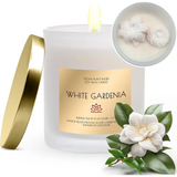 White soy candle in gold lid jar with White Gardenia label for diffusers & candles