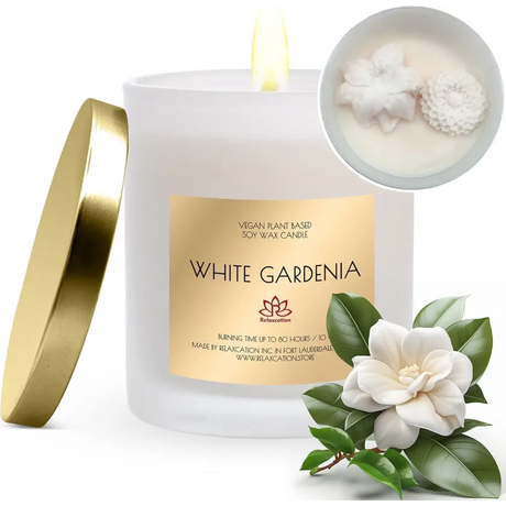 White soy candle in gold lid jar with White Gardenia label for diffusers & candles