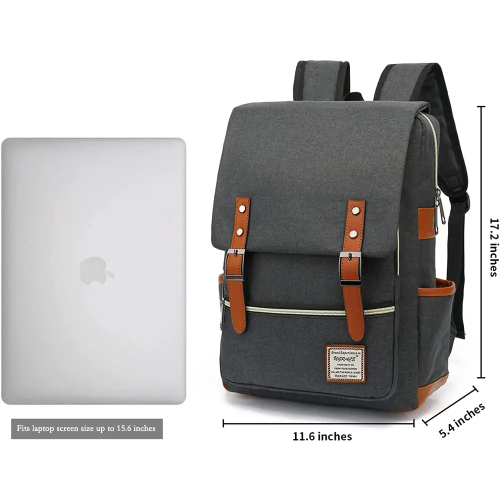 Dark grey vintage laptop backpack with brown leather shoulder straps and belt flap