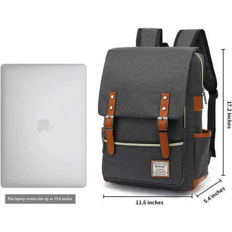 Dark grey vintage laptop backpack with brown leather shoulder straps and belt flap