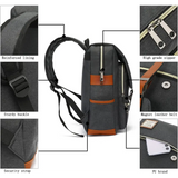 Gray and brown laptop backpack featuring leather shoulder straps and a belt flap