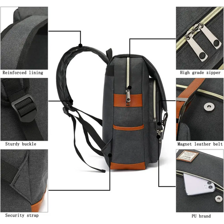 Gray and brown laptop backpack featuring leather shoulder straps and a belt flap