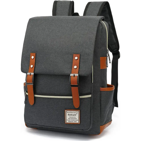 Grey canvas laptop backpack with brown leather shoulder straps and belt flap buckles