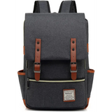 Dark grey laptop backpack with brown leather shoulder straps and belt flap design