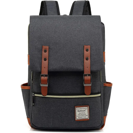 Dark grey laptop backpack with brown leather shoulder straps and belt flap design