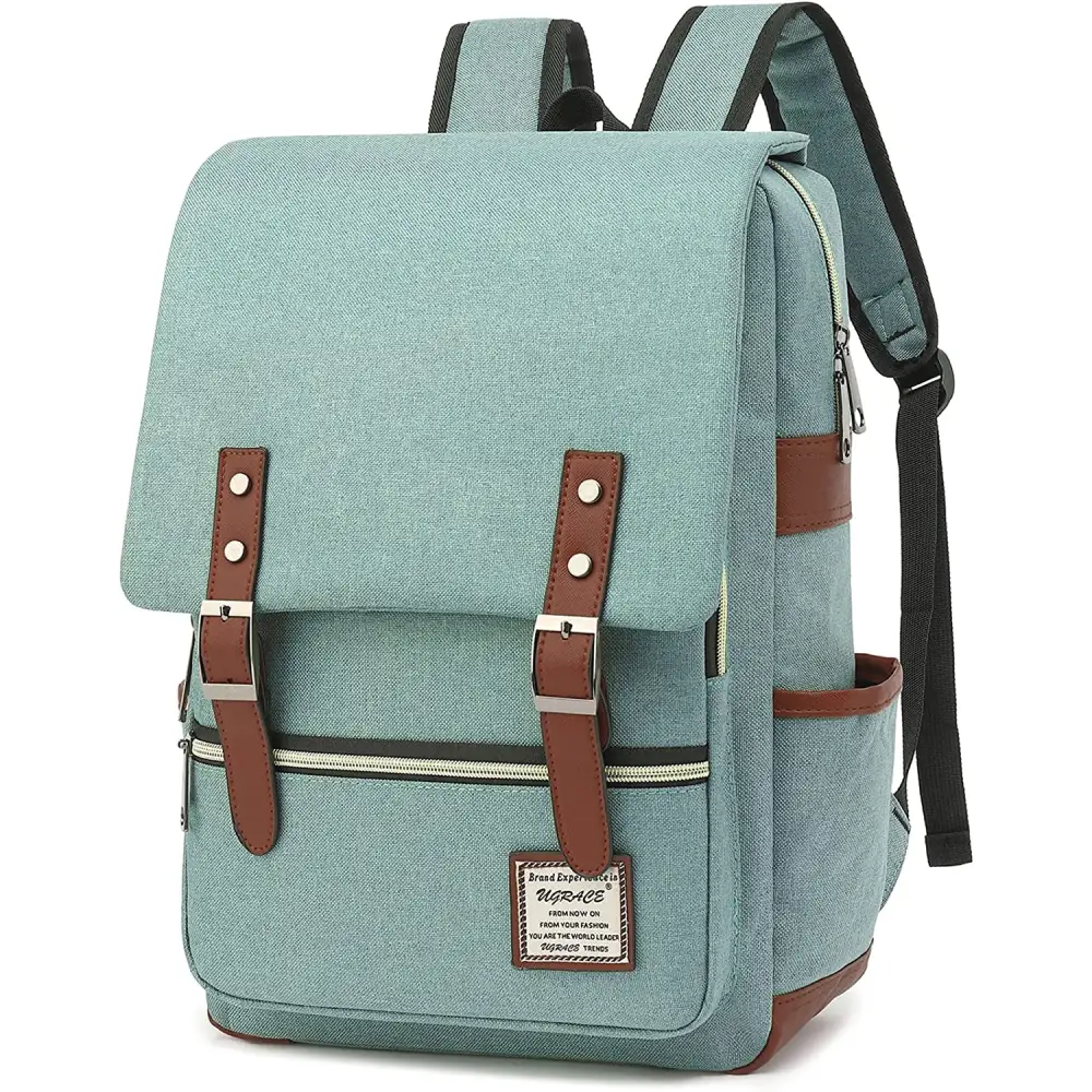 Mint green canvas laptop backpack with brown leather shoulder straps and belt flap