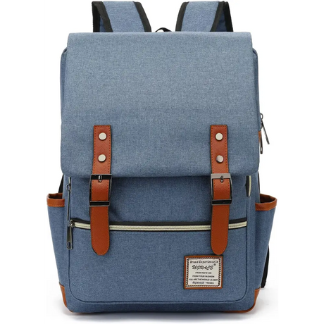 Blue canvas laptop backpack with brown leather shoulder straps and belt flap