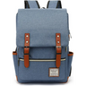 Blue canvas laptop backpack with brown leather shoulder straps and belt flap