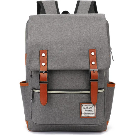 Charcoal Canvas Laptop Backpack with Leather Shoulder Straps and Belt Flap Design