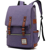 Purple canvas laptop backpack with brown leather shoulder straps and belt flap