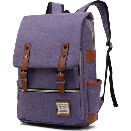 Purple canvas laptop backpack with brown leather shoulder straps and belt flap