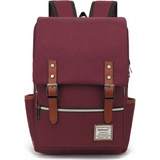 Burgundy canvas laptop backpack with leather shoulder straps and belt flap details