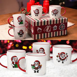 Christmas Mugs Set featuring white ceramic mugs with Santa Claus designs and red trim