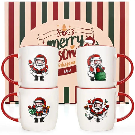 Christmas Mugs Set with Santa Claus Design and Red Trim on white ceramic mugs