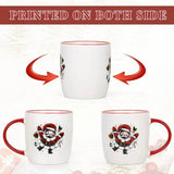 White ceramic Christmas mug set featuring festive Santa Claus design with red trim