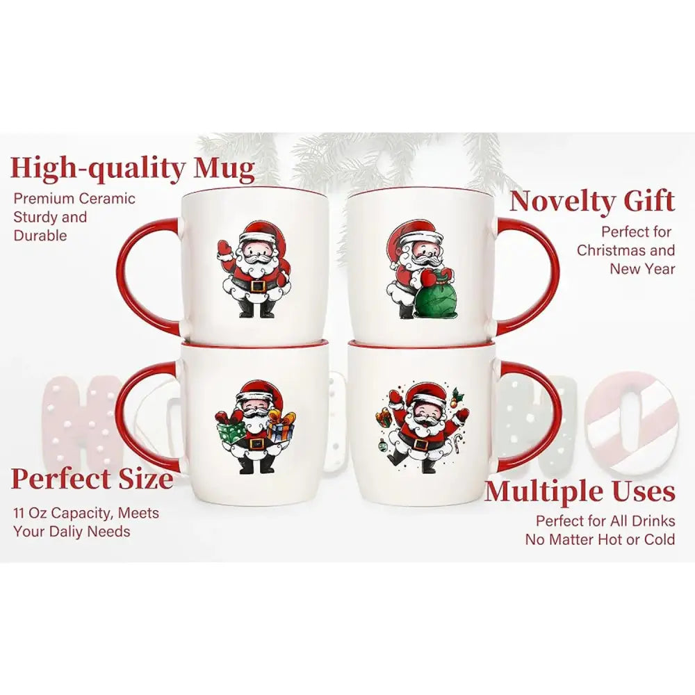 White ceramic Christmas mugs set featuring festive Santa Claus designs and red trim