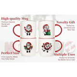 White ceramic Christmas mugs set featuring festive Santa Claus designs and red trim