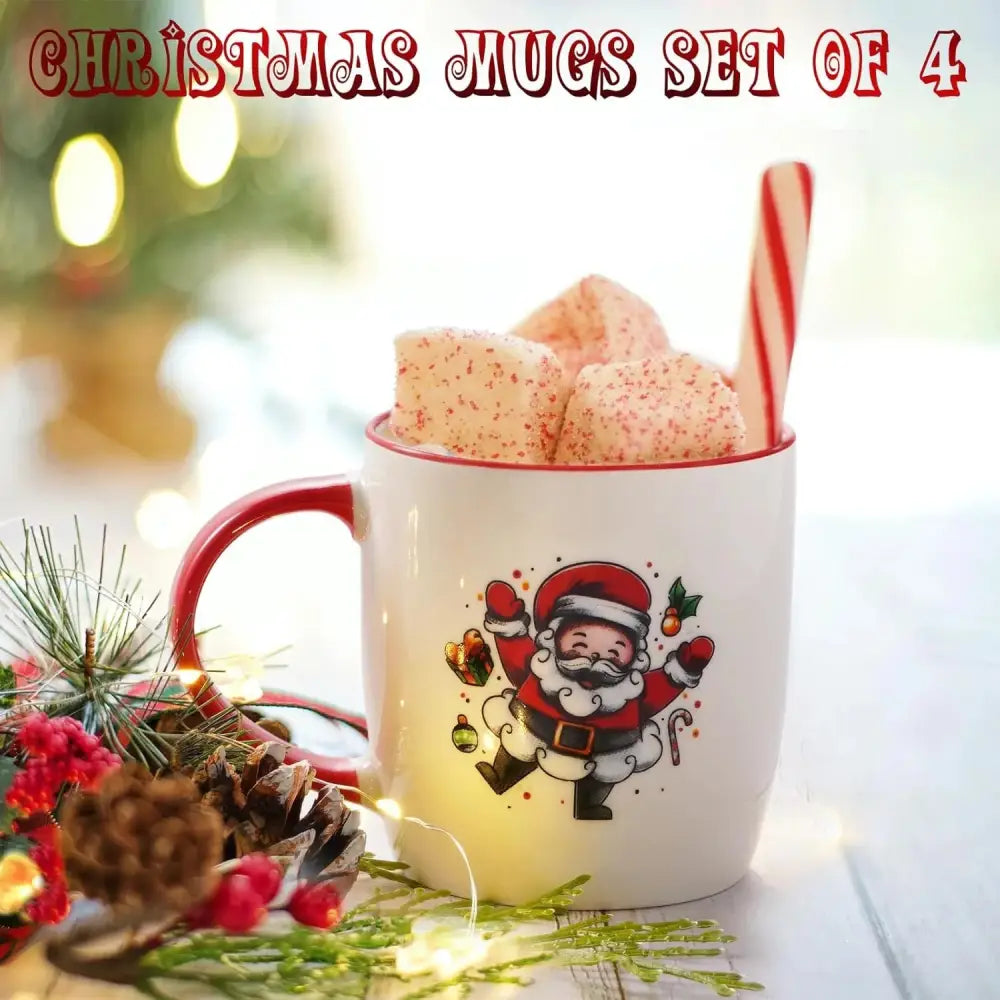 White ceramic Christmas mug with festive artwork, marshmallows, and candy cane