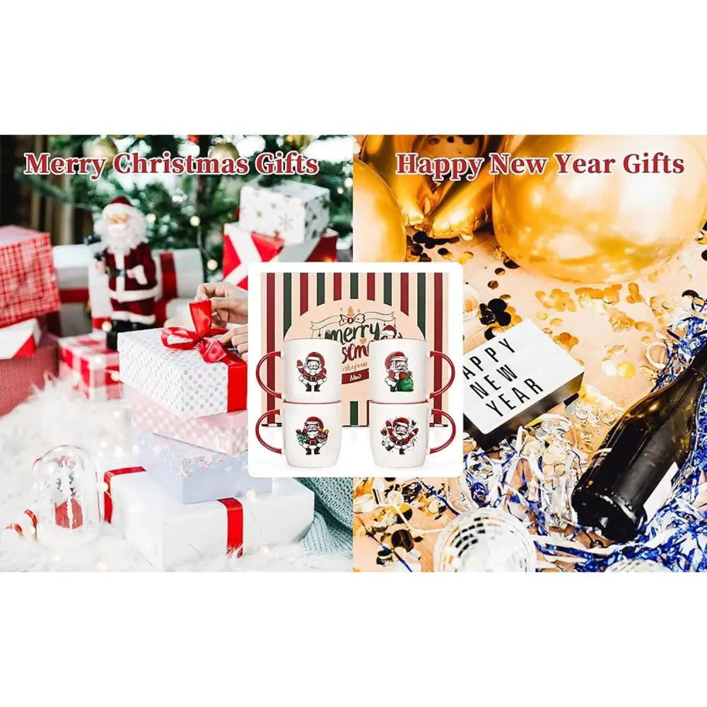 Split image of Christmas Mugs Set featuring Santa Claus on the left and New Year’s decor on the right