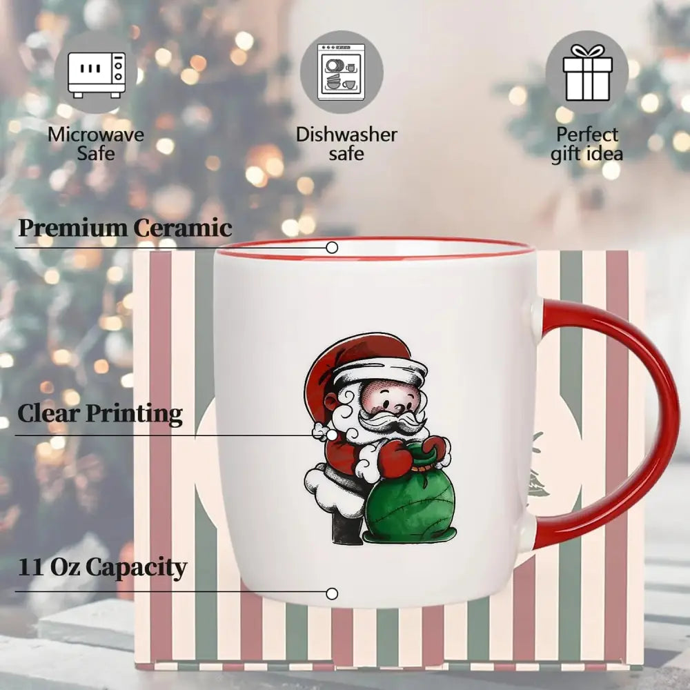 White ceramic mug with red handle and Santa Claus design from Christmas Mugs Set