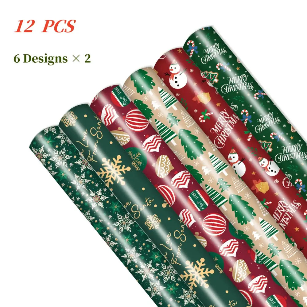 Christmas wrapping paper rolls set featuring traditional red, green, and gold patterns