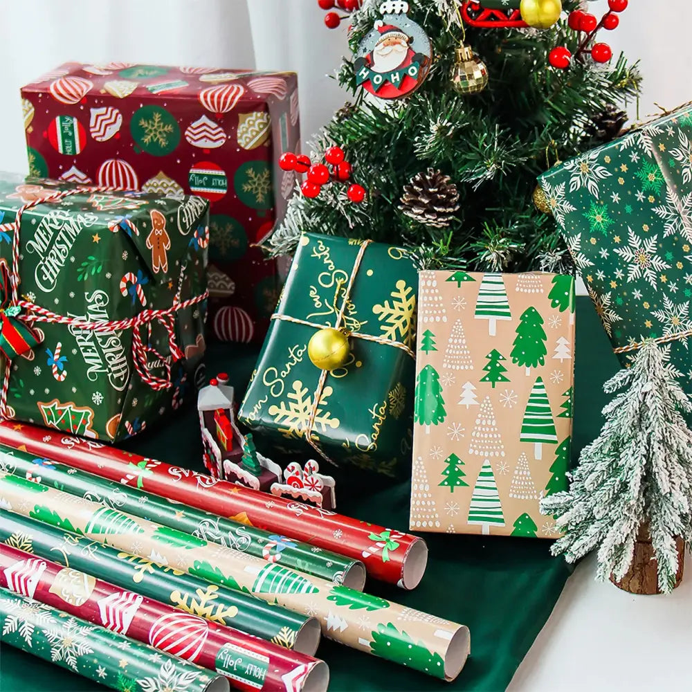 Collection of Christmas wrapping paper and presents in festive patterns for holiday gifting