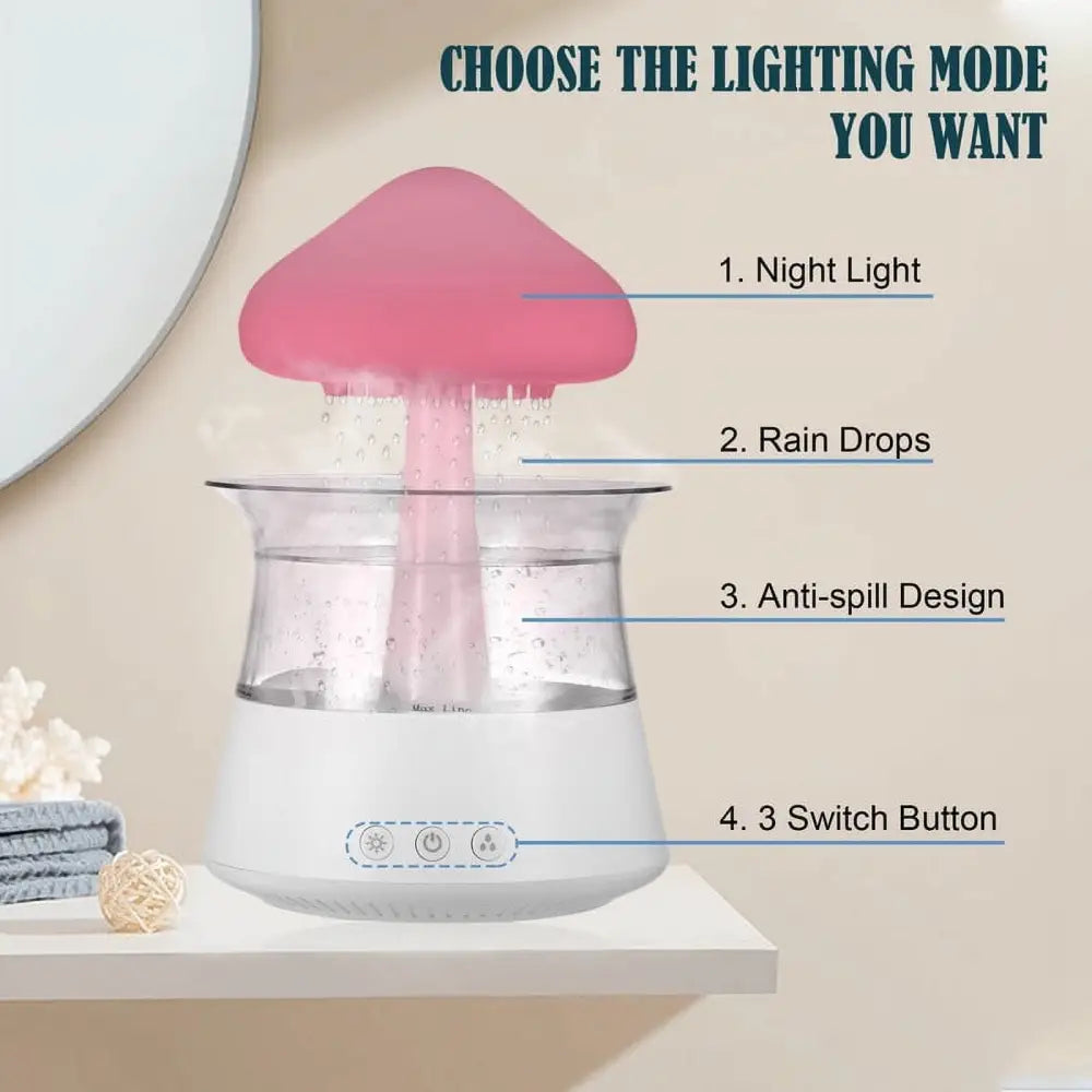 Pink Cloud Rain Humidifier with LED lights and anti-spill design for fresh air