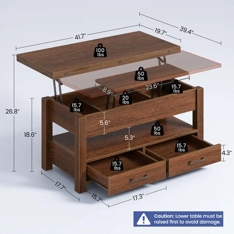 Wooden coffee table with hidden storage solutions and drawers for organized living space