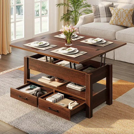 Lift-top coffee table with hidden storage solutions in dark wood finish and drawers